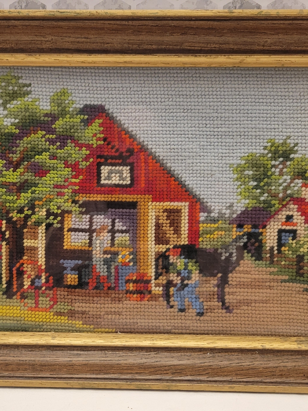 Vintage Red Barn Needlepoint Wall Art